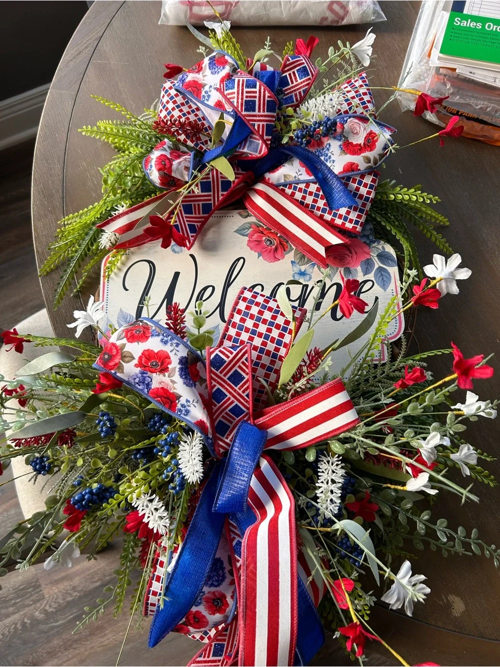 Welcome Floral Patriotic Wreath Sign with Red, White & Blue Ribbon